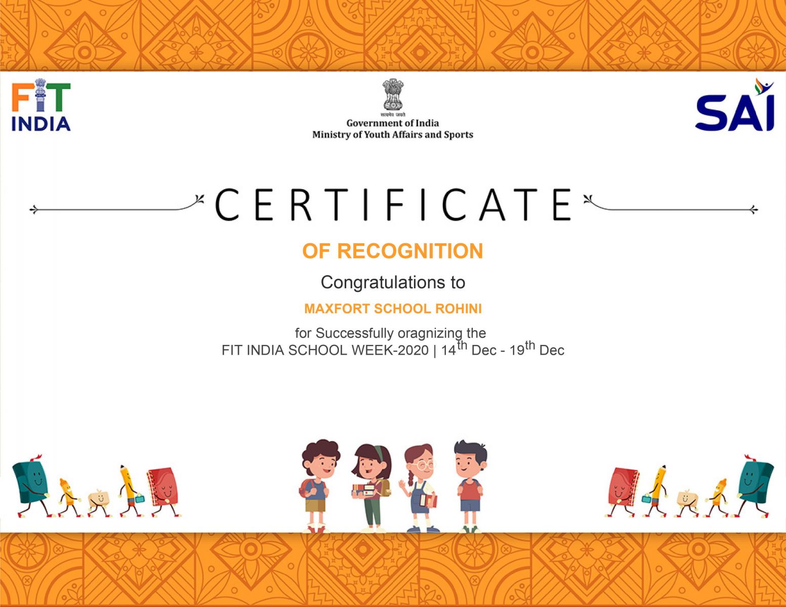 CERTIFICATE OF RECOGNITION FROM GOVERNMENT OF INDIA FOR CELEBRATING